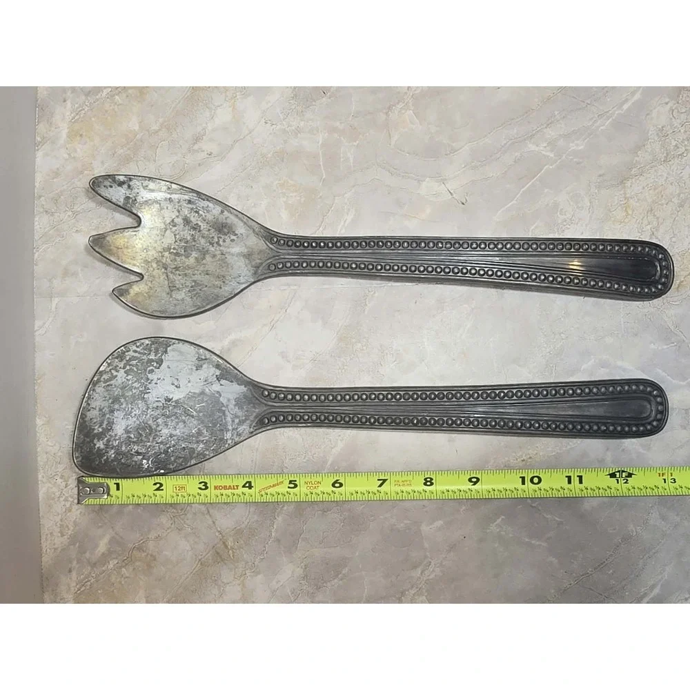 Wilton Armetale Pewter Beaded Salad Serving Spoon Fork Utensil Set 12.5